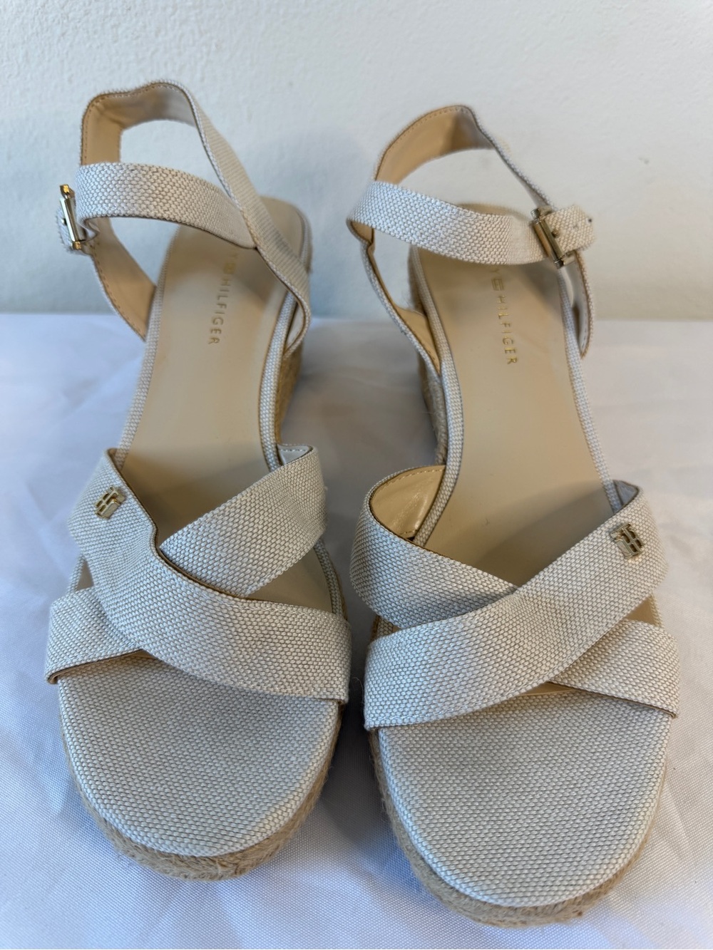 Tommy Hilfiger Neutral Canvas Cross-Strap Espadrille Wedges